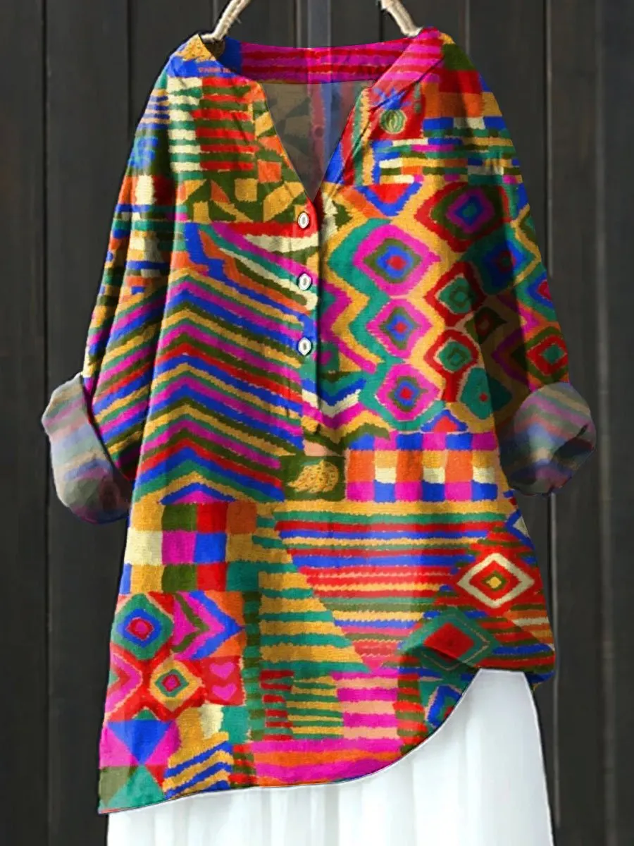 Vintage Ethnic Art Print Casual Cotton & Linen Shirt