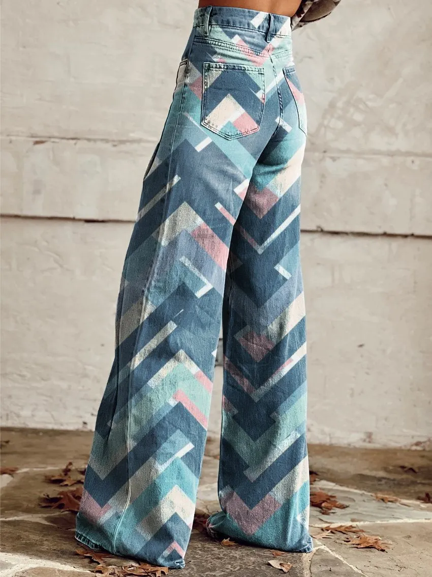 Vintage Print Casual Wide-Leg Pants