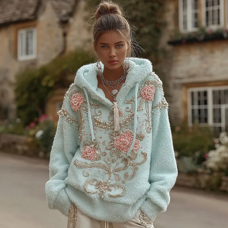 Women's Vintage Bohemian Embroidered Flannel Hoodie
