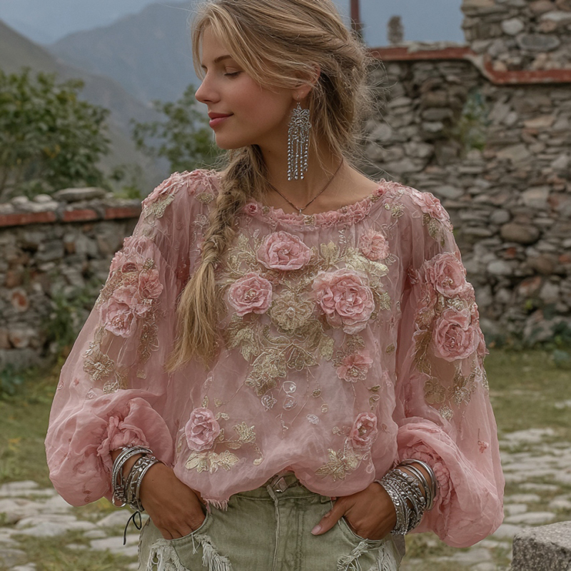 Elegant Boho Pink Roses Embroidered Cozy Tunic