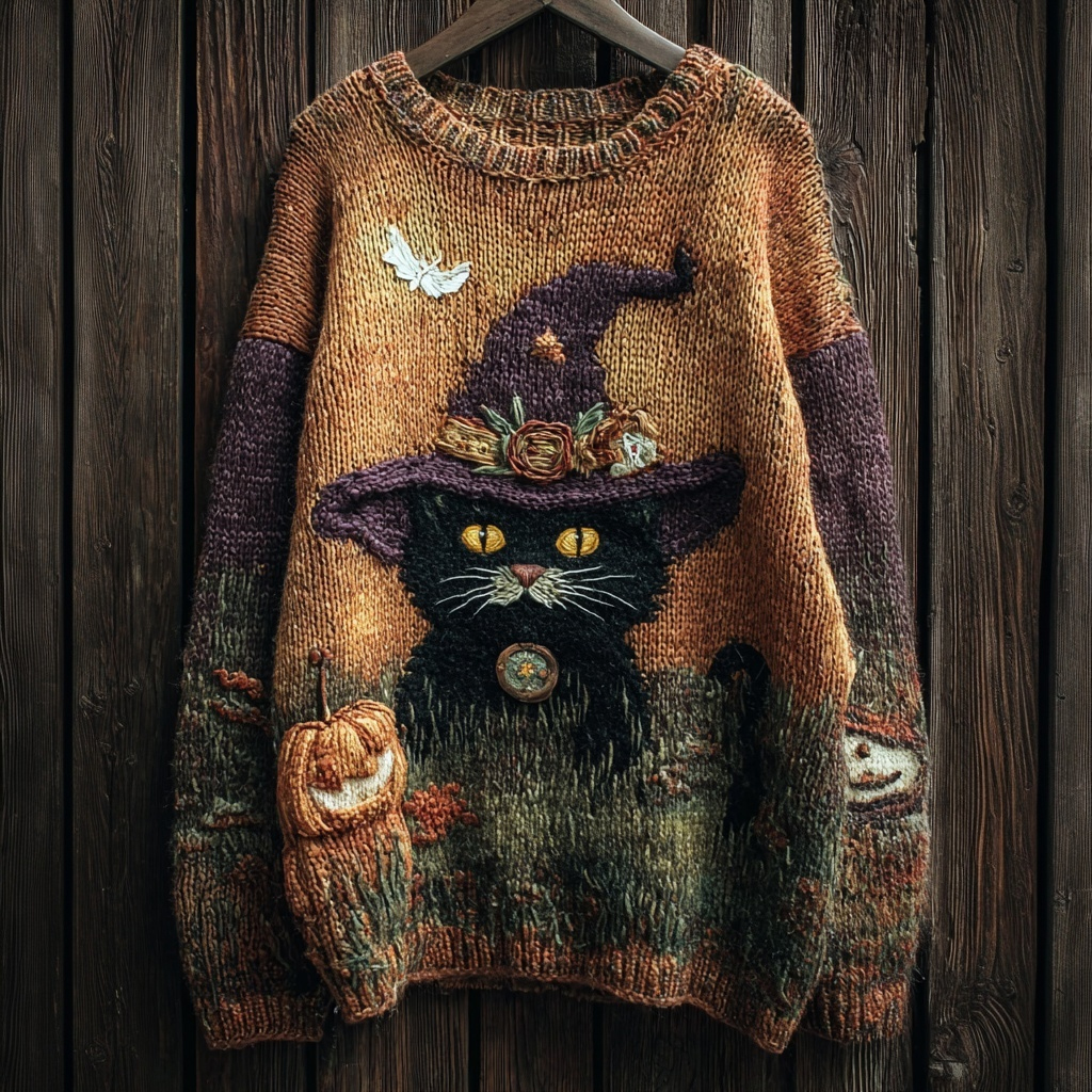 Halloween Witch Black Cat Vintage Cozy Knit Sweater