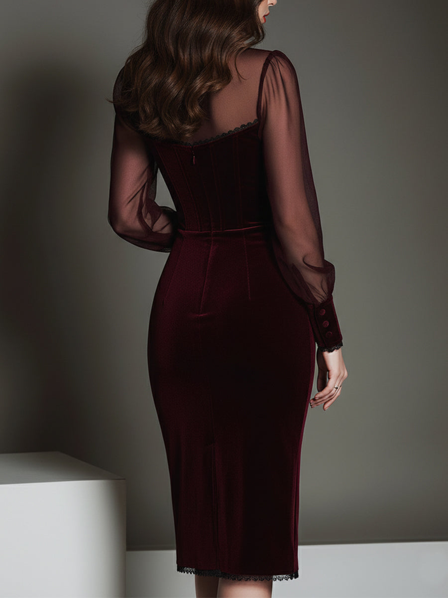 Elegant Mesh Polyester Velvet Stitching Sweetheart Neckline Slim Midi Dress