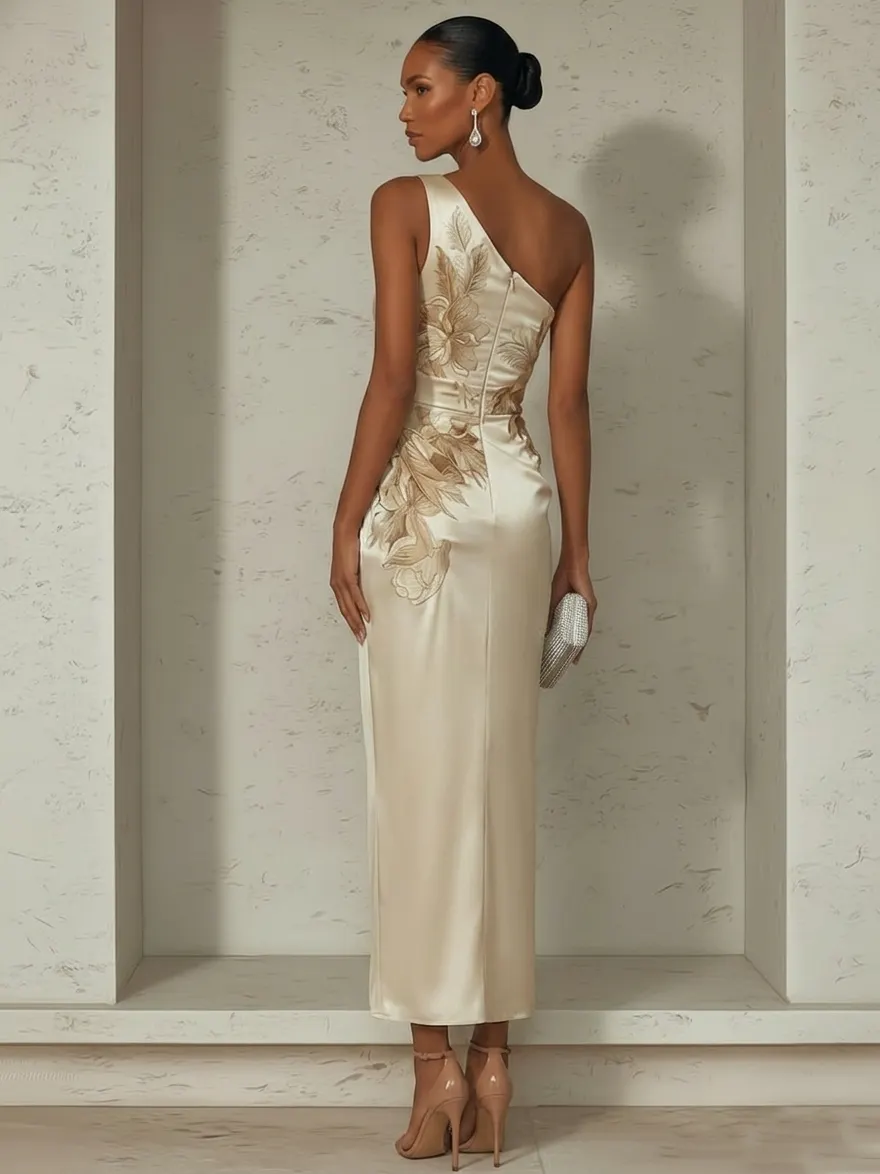 Champagne Floral Satin One-Shoulder Sleeveless Sheath Maxi Dress