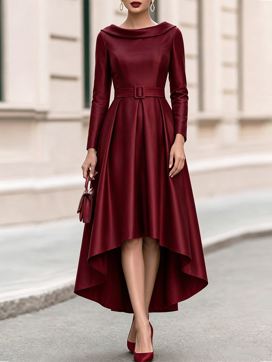 Burgundy Fold Over Collar Long-Sleeve High Low Midi Swing Dress