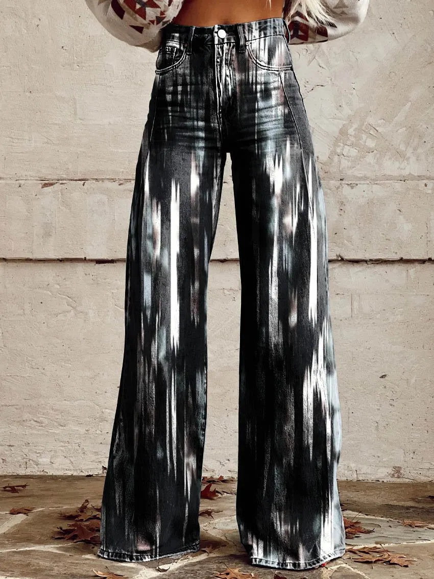 Black & White Print Casual Wide-Leg Pants