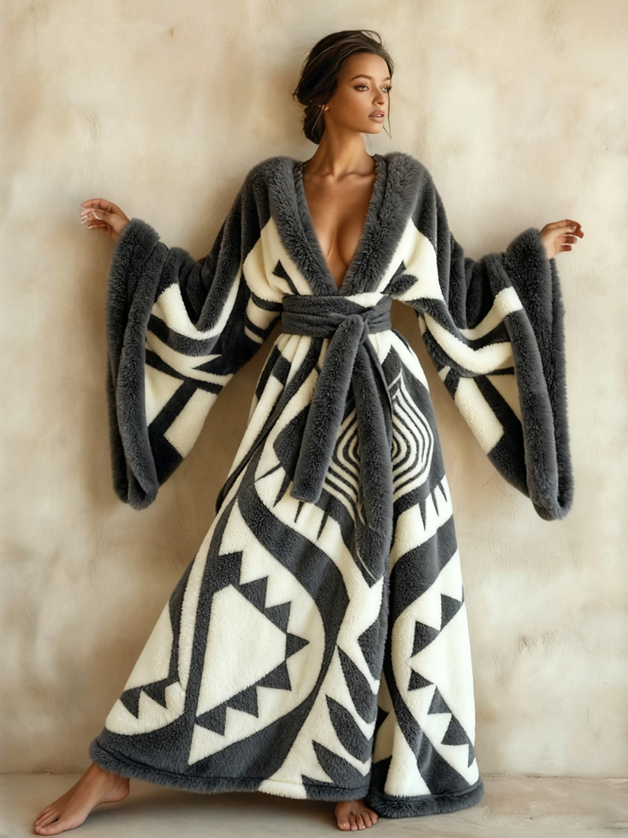 Abstract Art Print Kimono Long Gown Autumn & Winter Robe With Belt