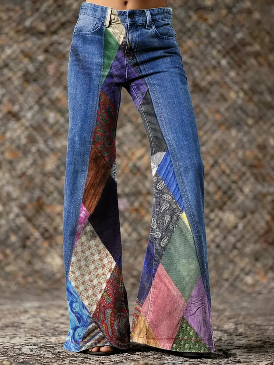 Floral Patchwork Art Print Casual Washed Cotton Denim Pants