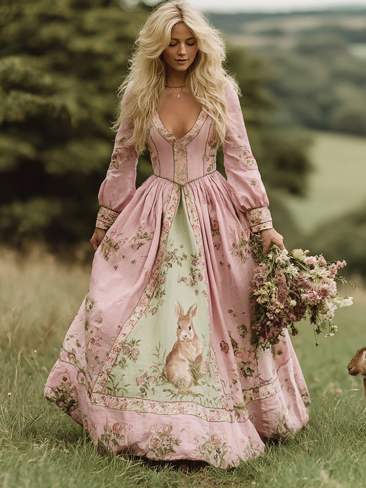 Vintage Bunny With Floral Art Women's Long Sleeve Maxi V-neck Dress