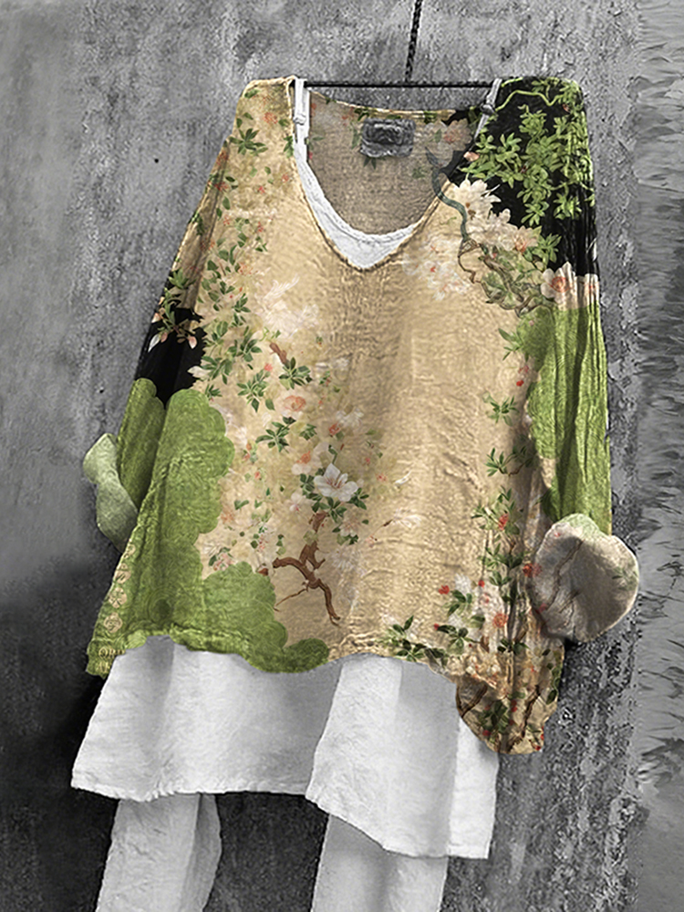 Japanese Floral Art Print V-neck Loose T-shirt