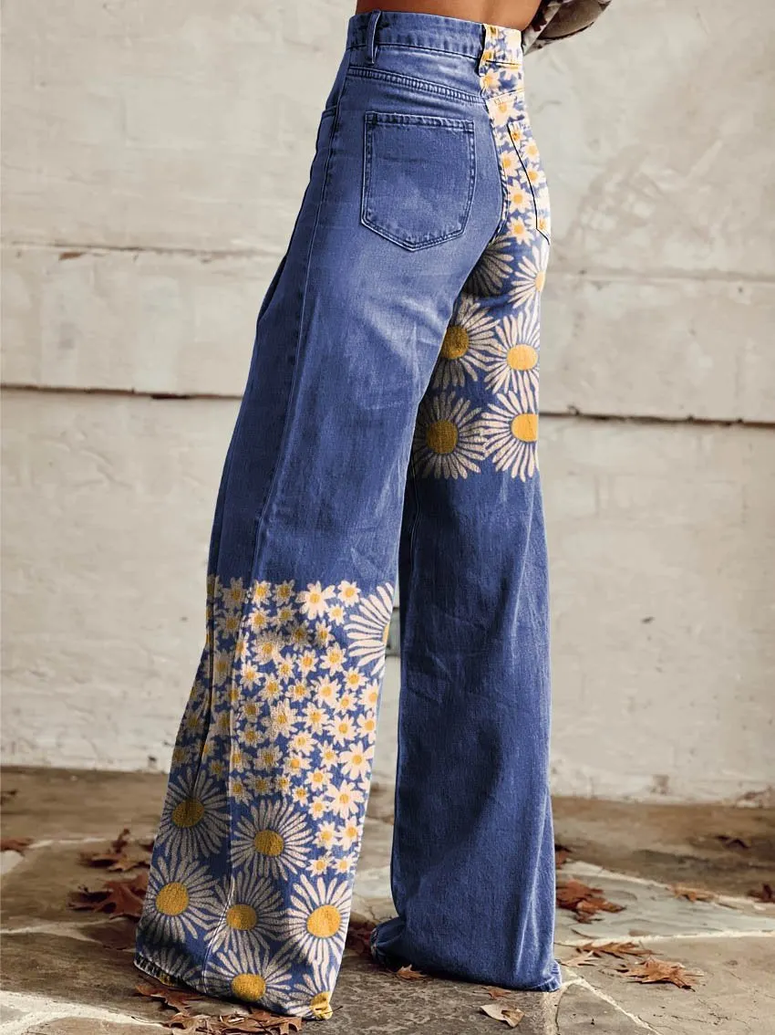 Blue Daisy Print Casual Wide-Leg Pants