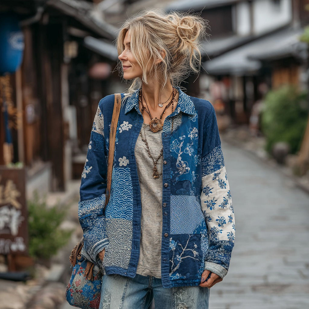 Vintage Japanese Floral Patchwork Linen Button-up Shirt
