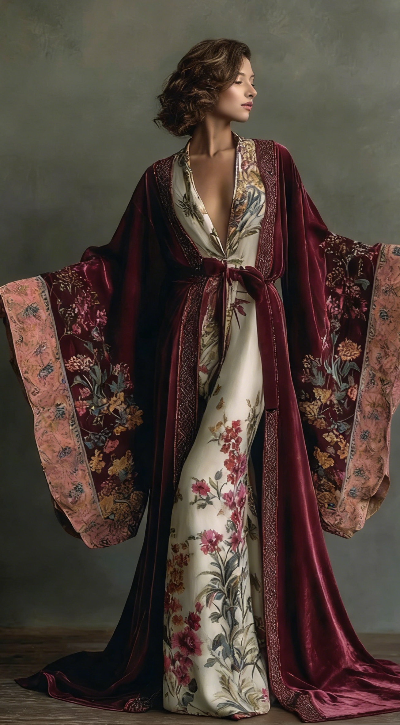 Elegant autumn/winter vintage floral style velvet robe (with belt)