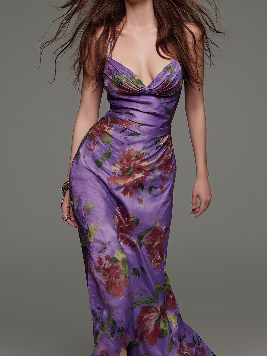 Elegant Floral Print Slim-fit Spaghetti Strap Maxi Dress