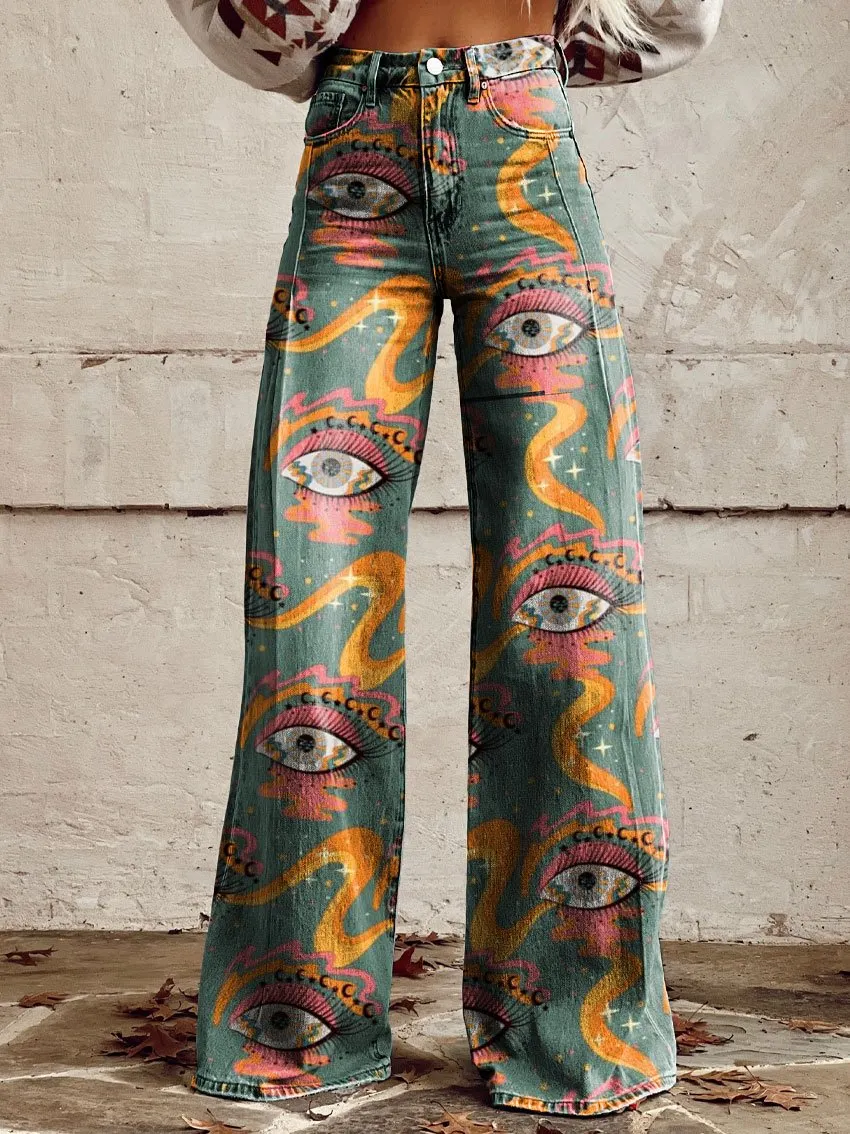 Vintage Print Casual Wide-Leg Pants