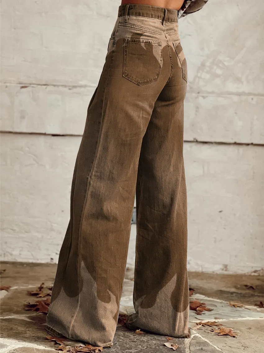 Retro Brown Aged Flame Texture Print Casual Wide-Leg Pants