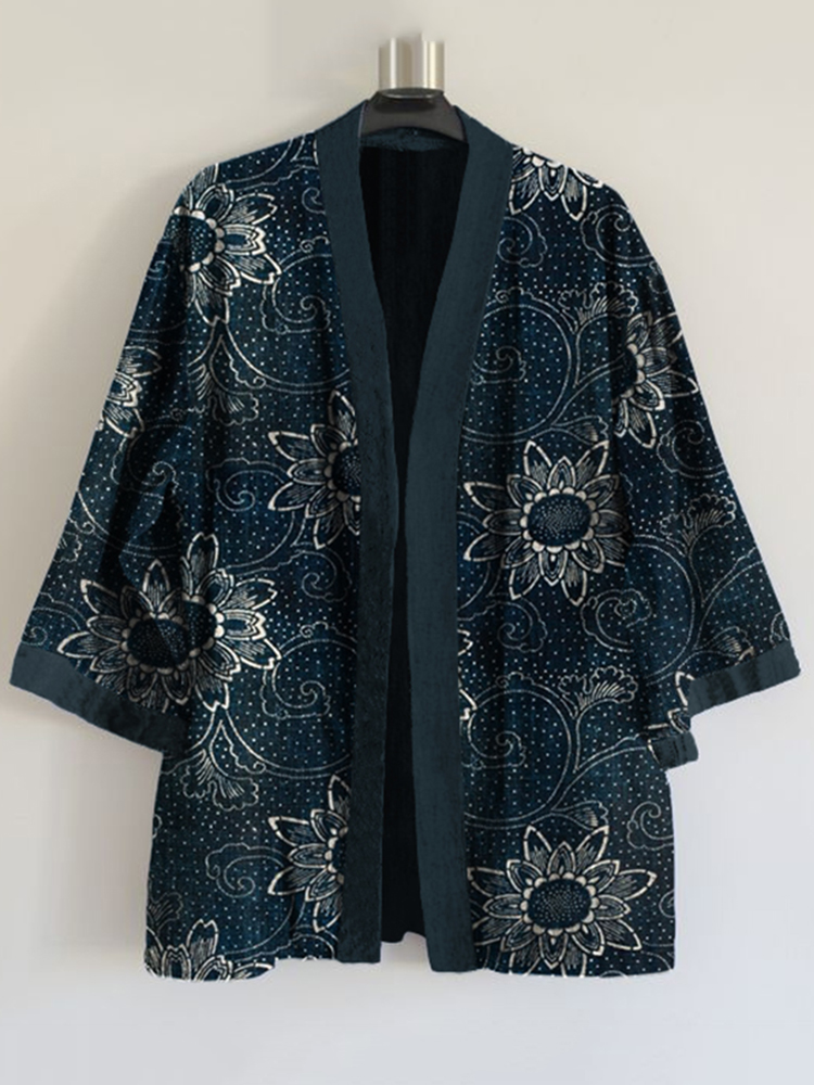Japanese Traditional Sashiko Floral Art Print Blend Kimono Cardigan