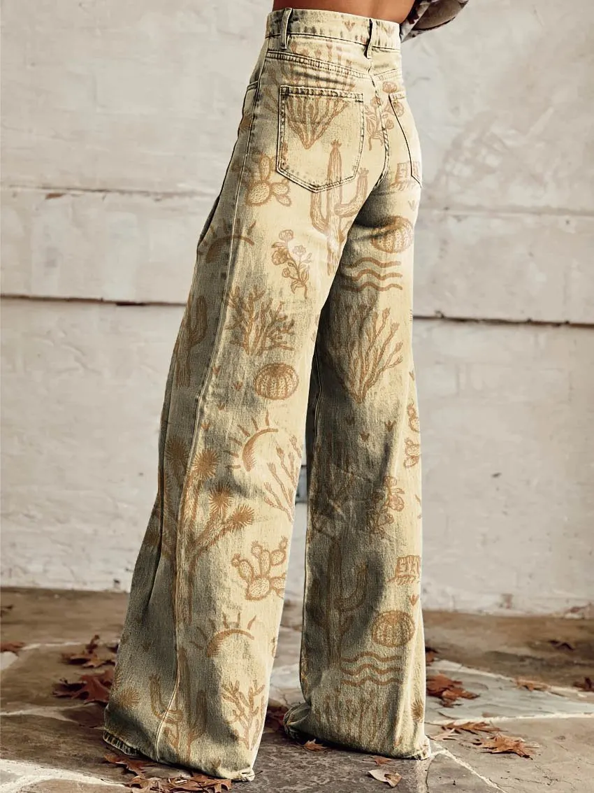 Yellow Western Print Casual Wide-Leg Pants