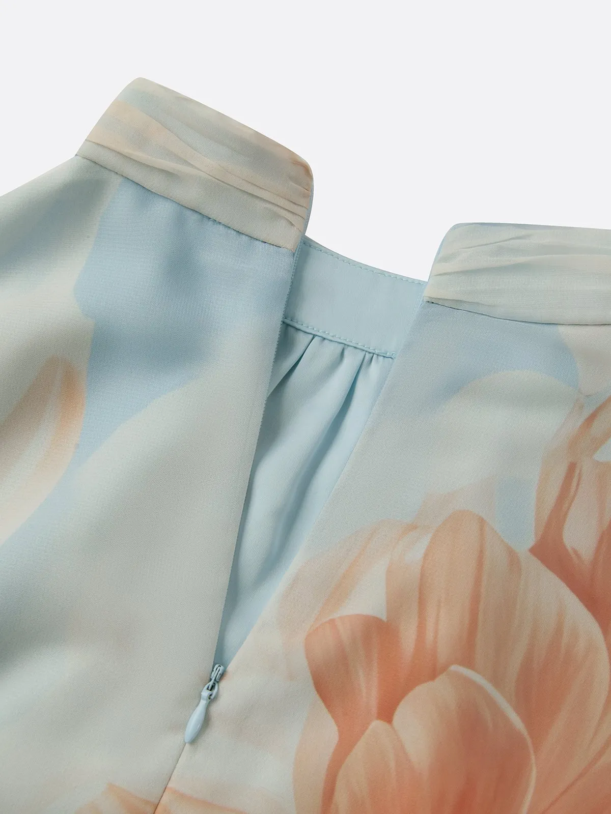 Light Blue Floral Chiffon Mock Neck Long-Sleeve Balloon Sleeve Romantic Top With Skirt Two-Piece Set
