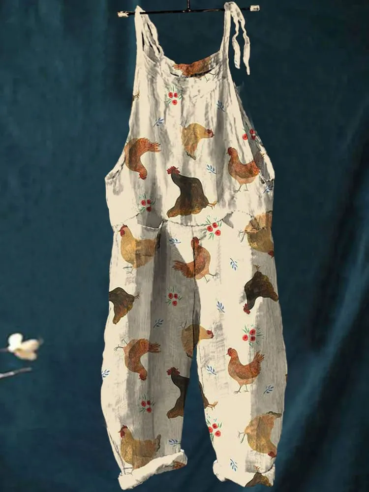 Vintage Lovely Chicken Art Print Casual Wide-Leg Jumpsuit