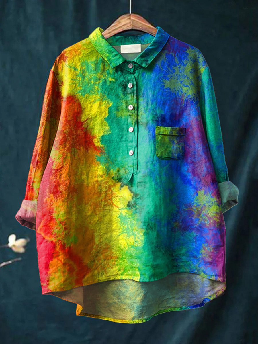 Rainbow Color Splash Paint Pattern Printed Women's Casual Cotton & Linen Shirt
