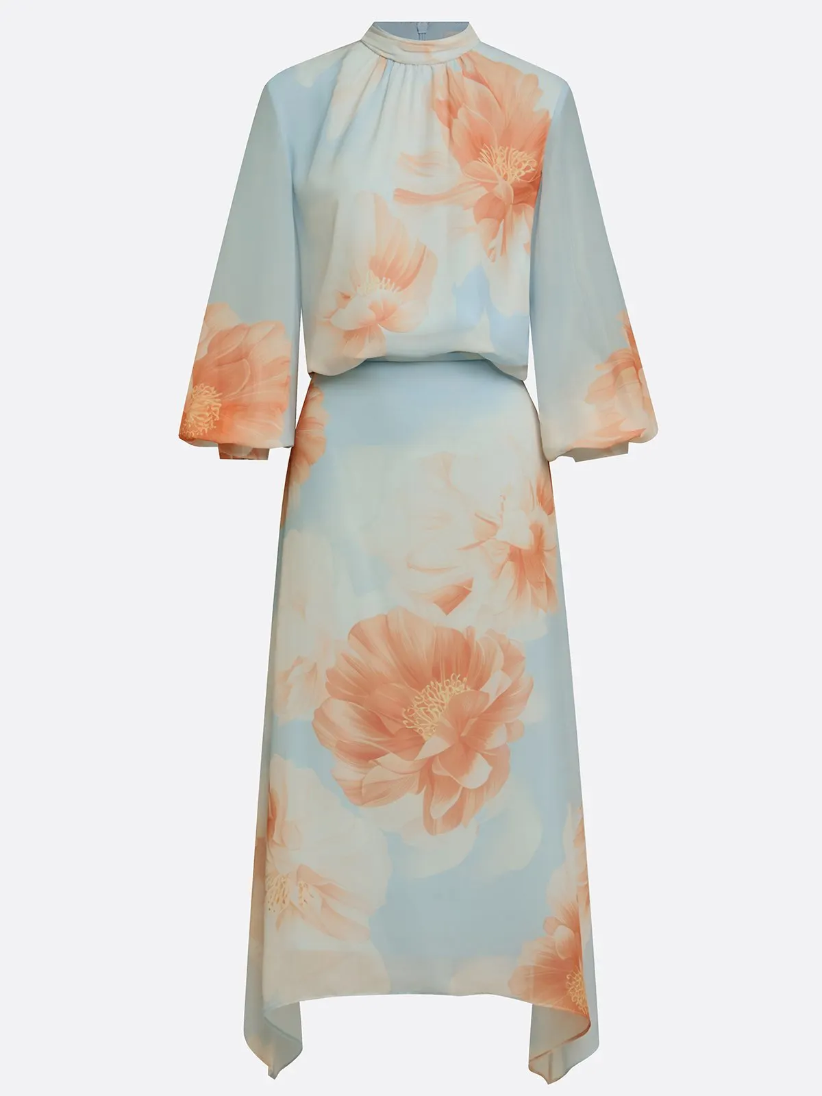 Light Blue Floral Chiffon Mock Neck Long-Sleeve Balloon Sleeve Romantic Top With Skirt Two-Piece Set