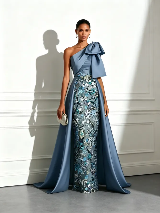 Blue Bow Satin One-Shoulder Sleeveless A-Line Gown