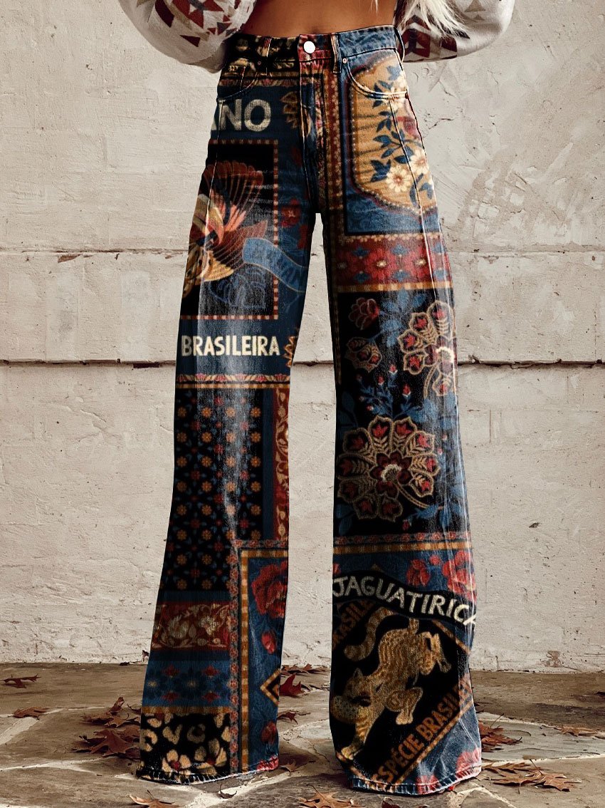 Vintage Print Casual Wide-Leg Pants