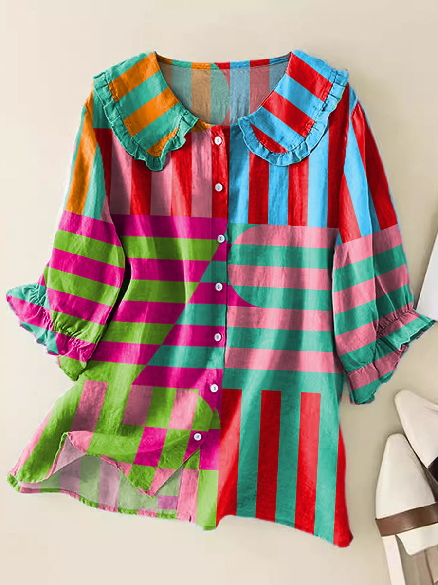 Geometric Pattern Art Print Casual Peter Pan Collar Cotton Shirt
