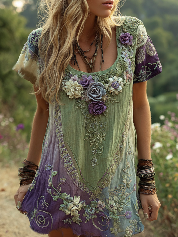 Classy Purple Lavender And Floral Embroidered Short Sleeve T-shirt