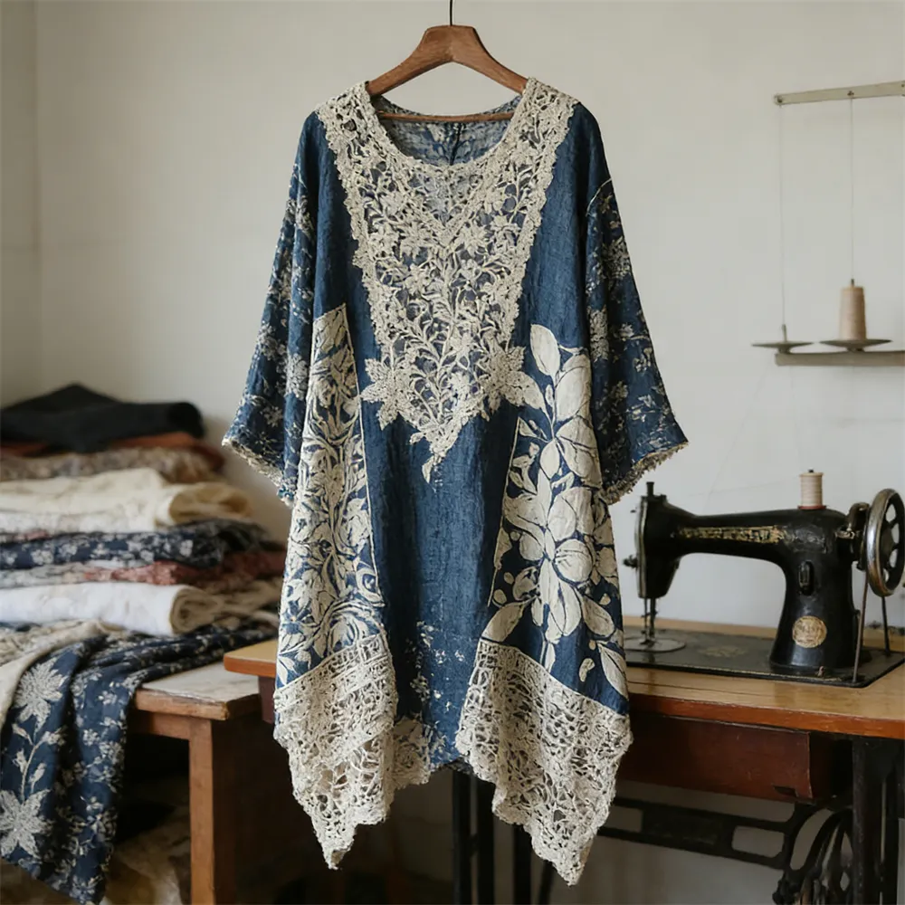 Vintage Lace Patchwork Floral Linen Women's Long Sleeve Midi Dress