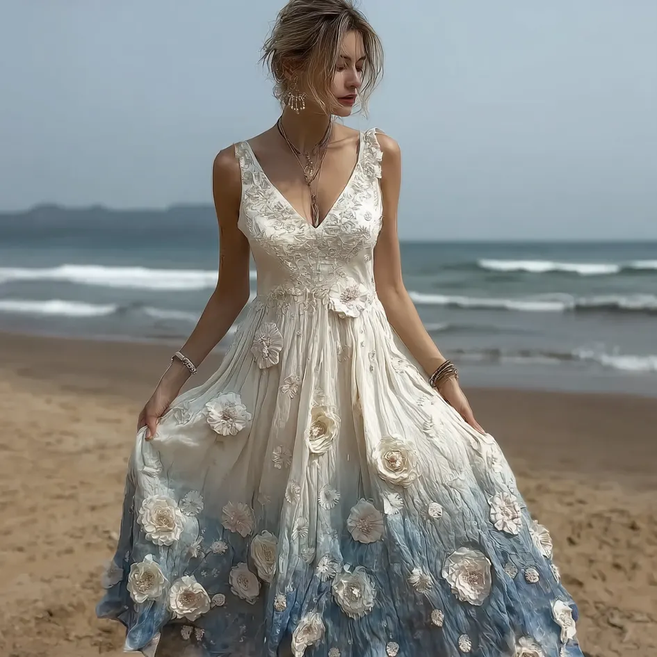 Bohemian Style Plant Flower Gradient Color Long Dress