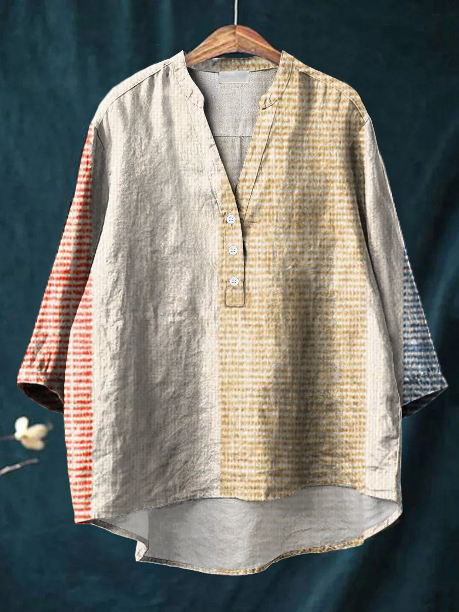 Minimalist Art Lines Print Casual Cotton & Linen Ruffle Shirt