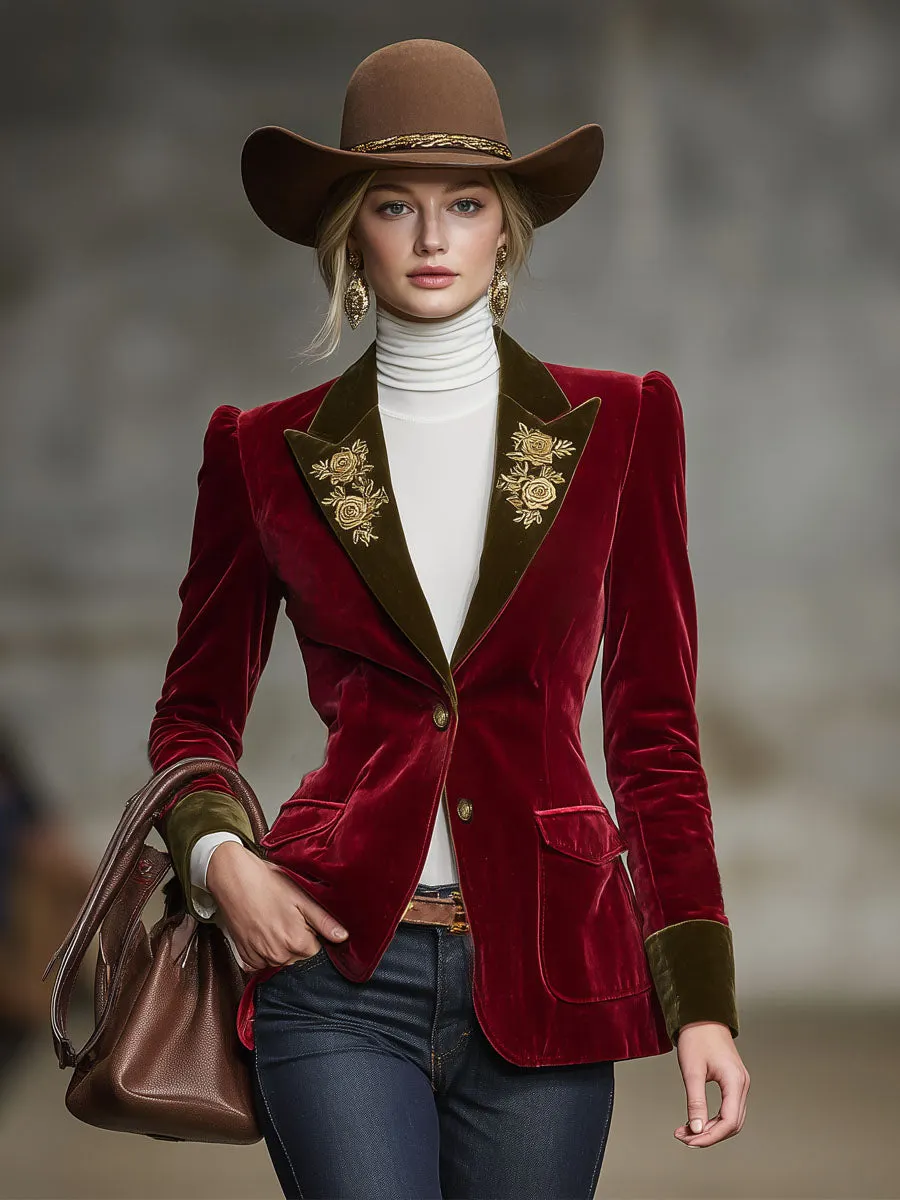 Color-blocked Velvet Patchwork Floral Embroidered Double-pocket Blazer