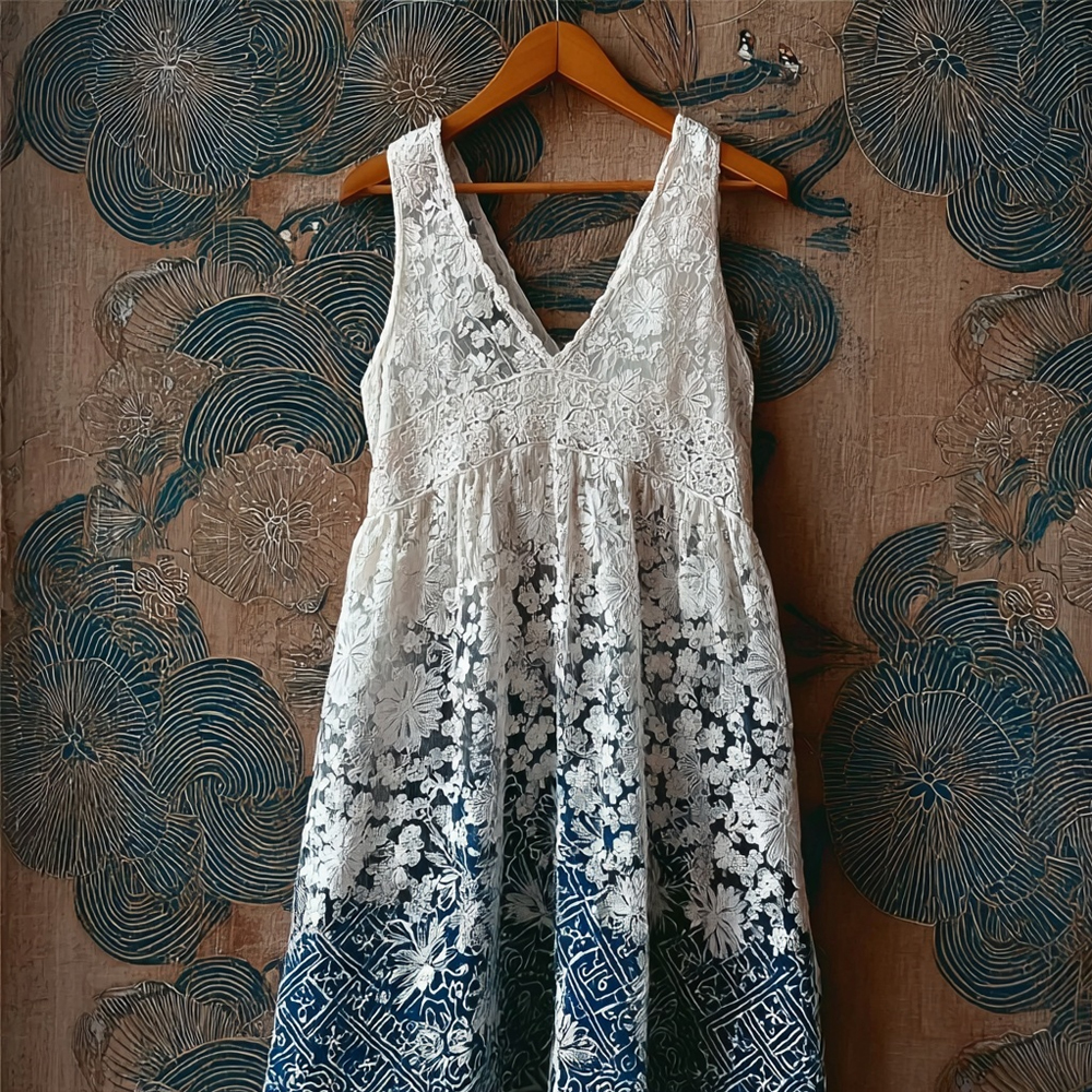 Vintage Japanese Patchwork Hollow Floral Lace Maxi Tank Dress