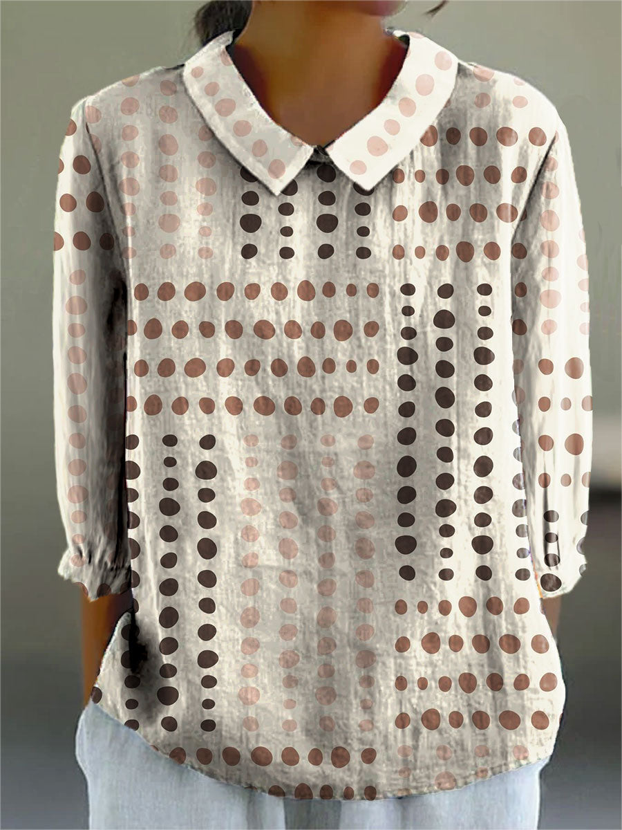 Color Block Dot Art Print Casual Cotton & Linen 3/4 Sleeve Shirt