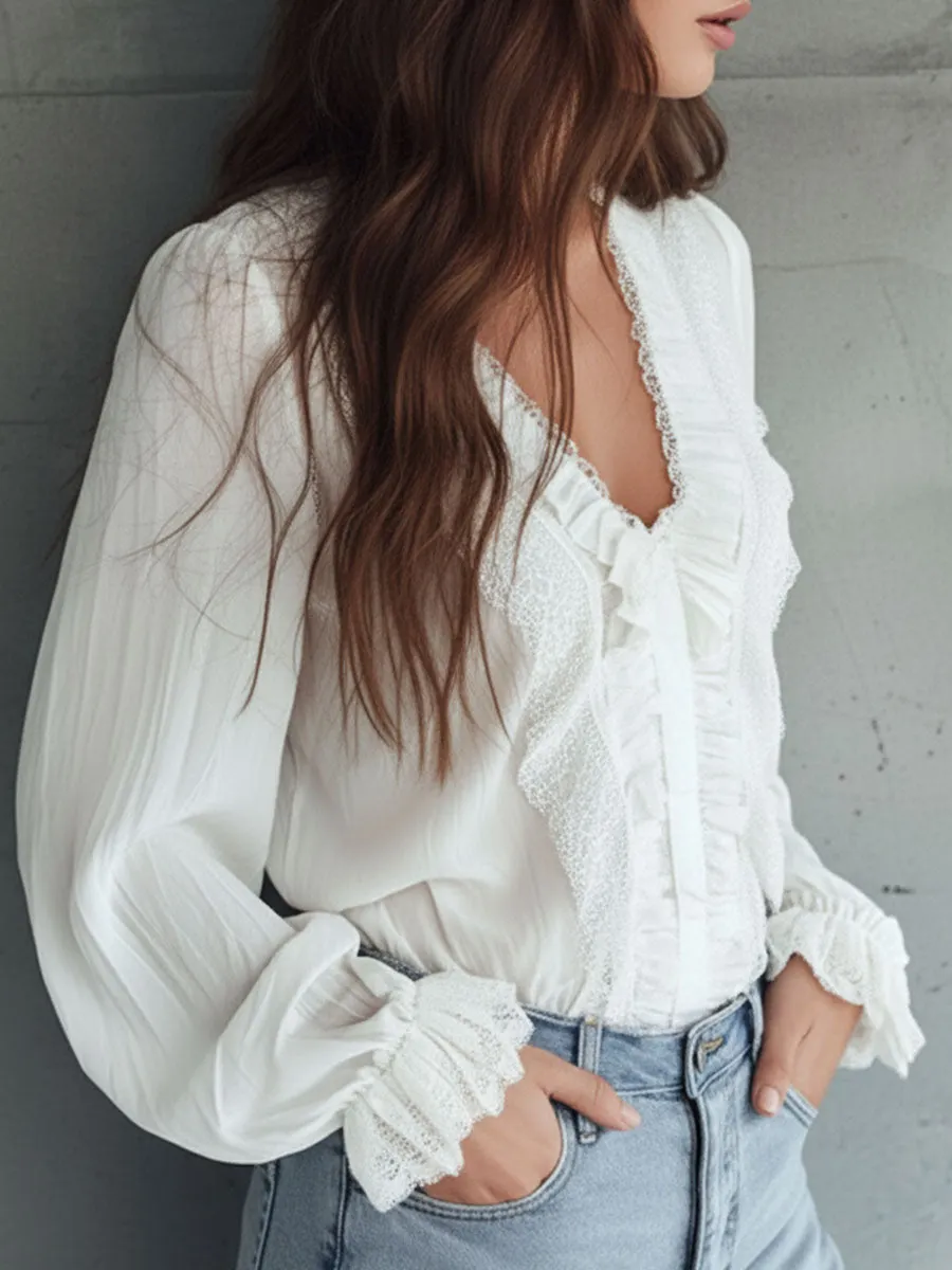 Vintage Victorian V-Neck Ruffle Lace Blouse