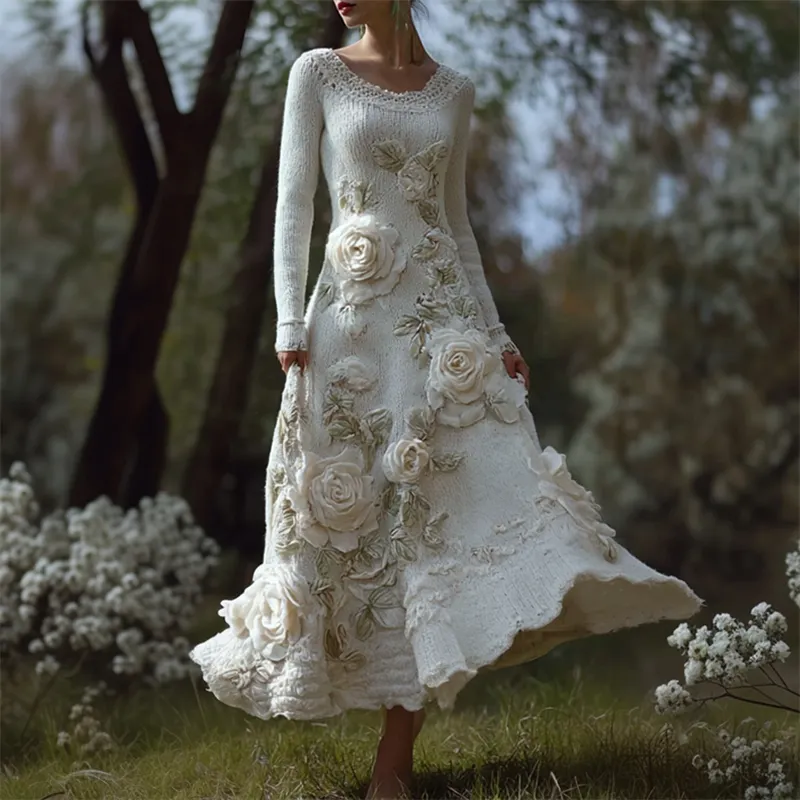 Classy White Roses Beaded Cozy Maxi Sweater Dress