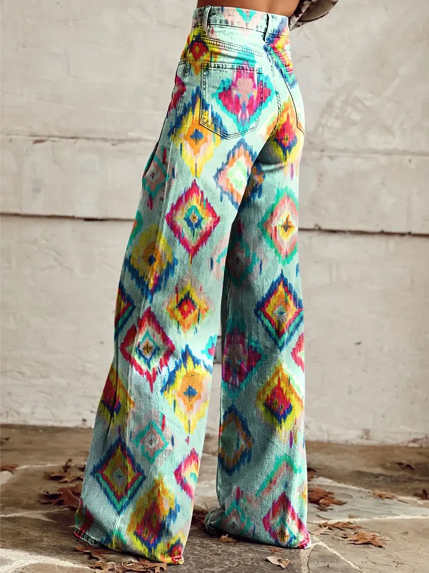 Vintage Print Casual Wide-Leg Pants