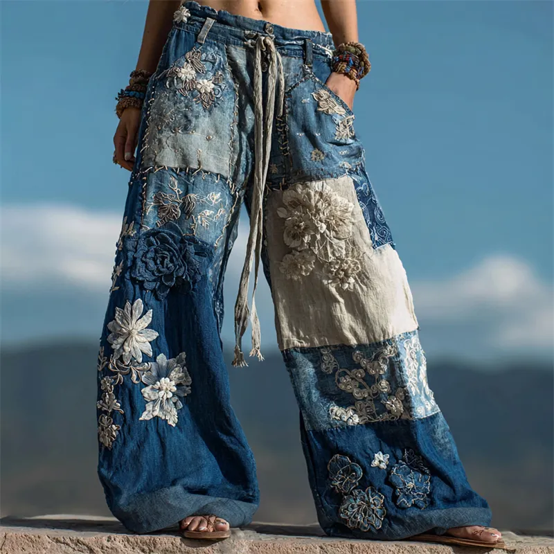 Boho Floral Lace Fiber Art Patchwork Flowy Casual Pants