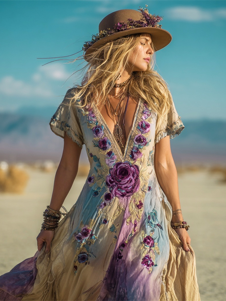Vintage Bohemian Gradient Floral Women's Linen V-neck Maxi Flowy Dress