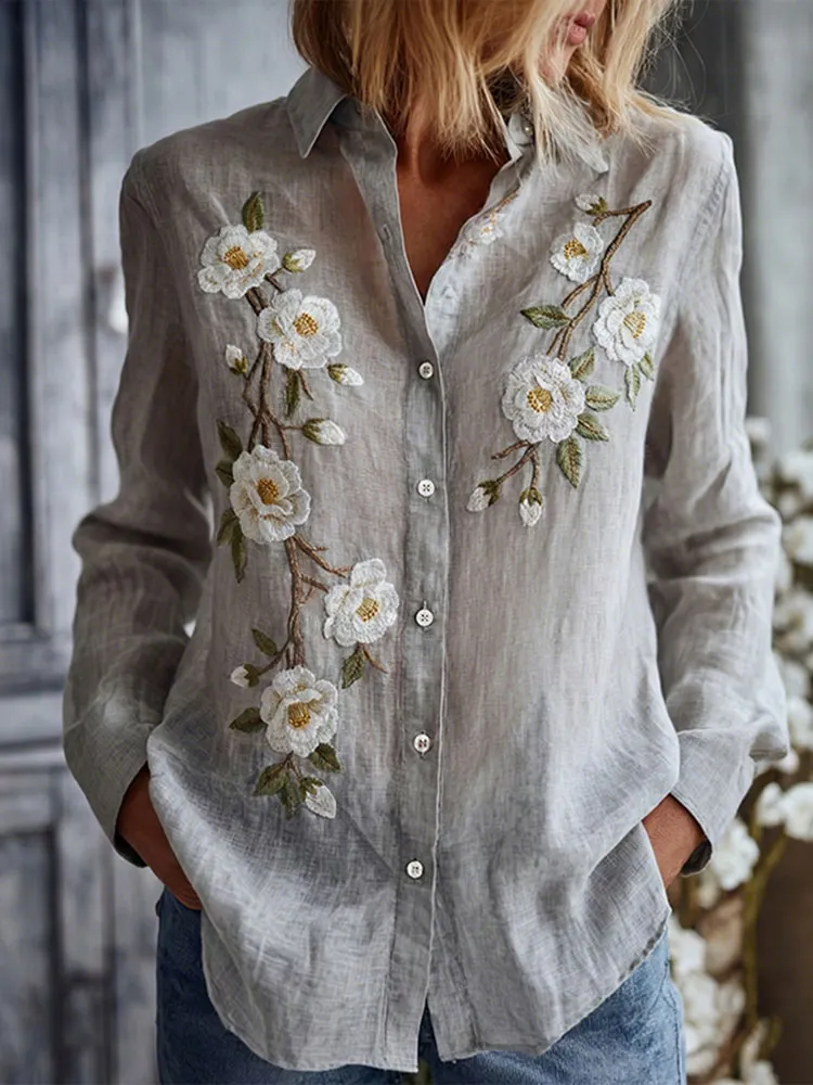Vintage Embroidered Floral Linen Women's Long Sleeve Shirt