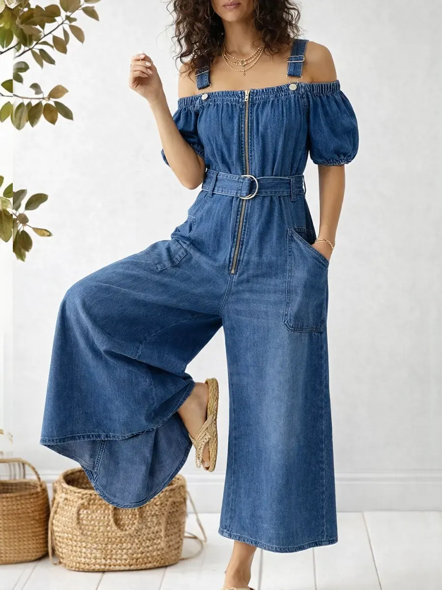 Casual Denim Cotton Jumpsuit With Adjustable Straps