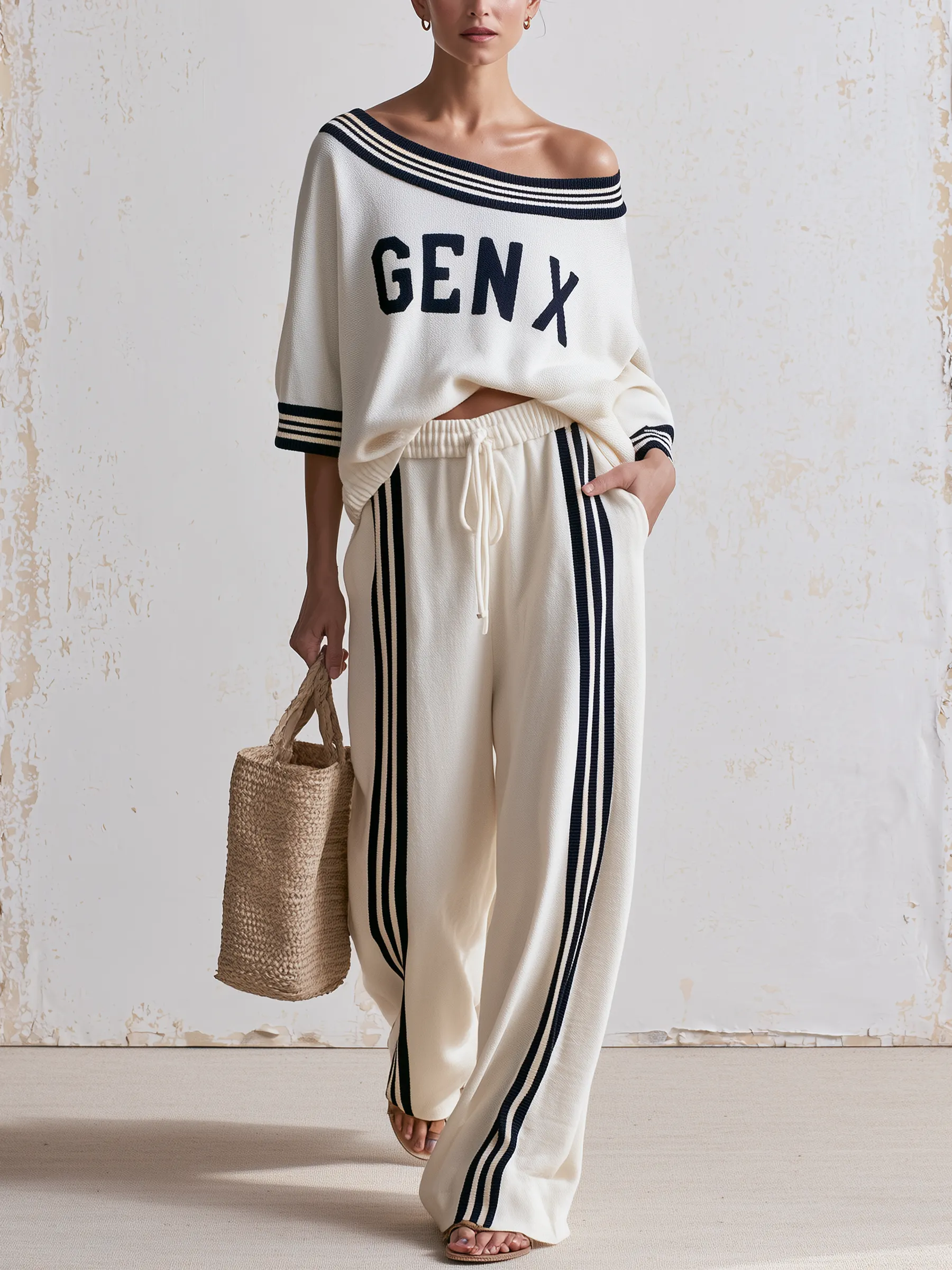 Off-Shoulder Striped Collar GEN X Matching Sweatshirt & Side Stripe Wide-Leg Pants Two-Piece Set