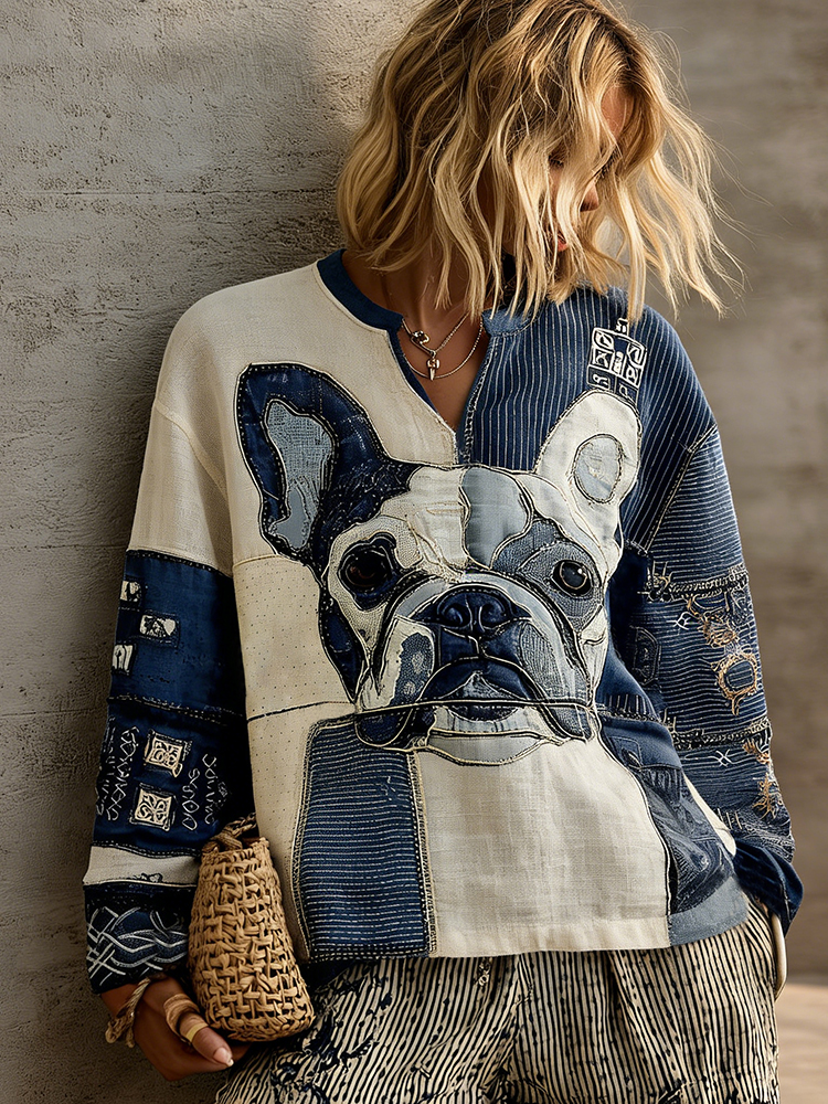 Retro Cat With Japanese Patchwork Art Print Comfy Top