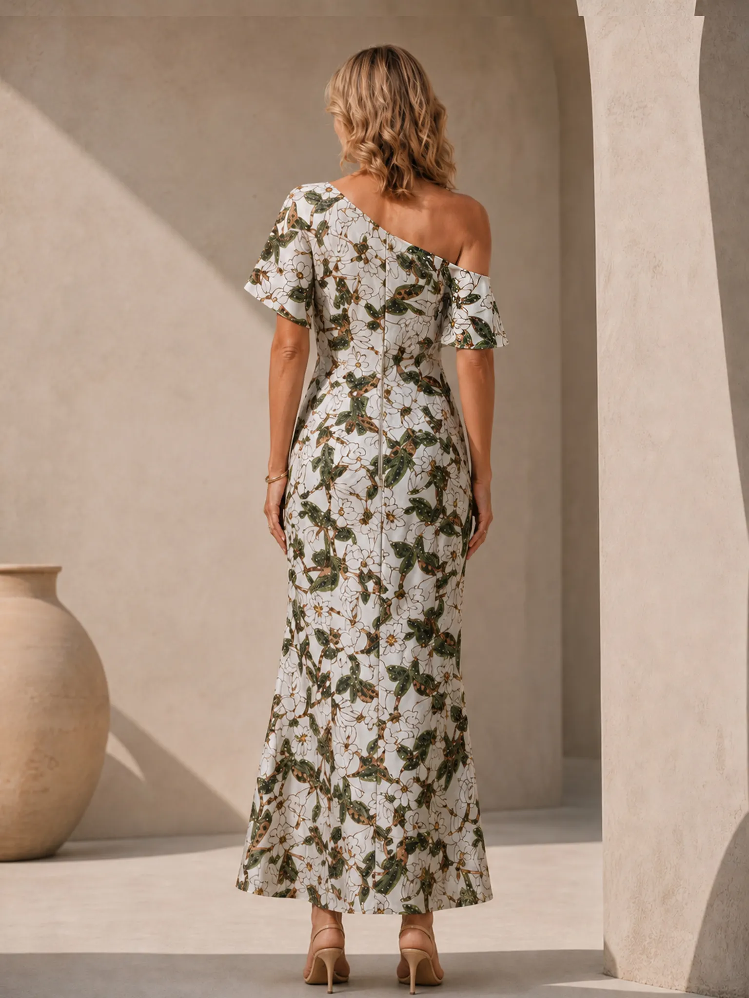 Cream One-Shoulder Flutter Sleeve Floral Maxi Mermaid Dress
