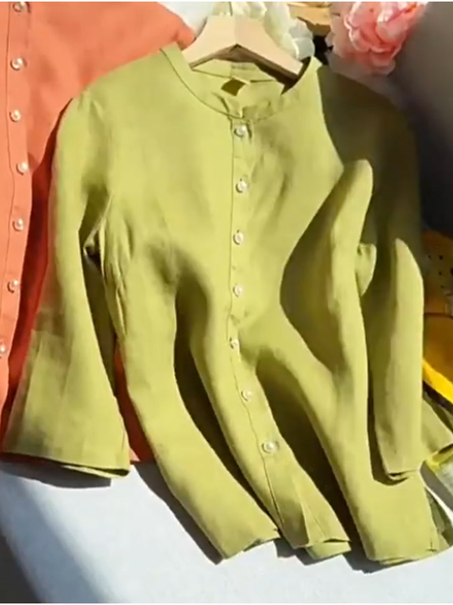 Tencel Linen Stand Collar Pearl Button Shirt