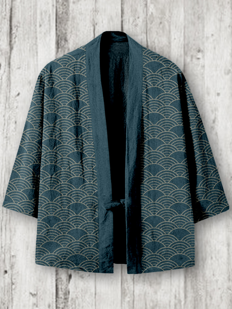Traditional Japanese Waves Pattern Linen Blend Kimono Cardigan