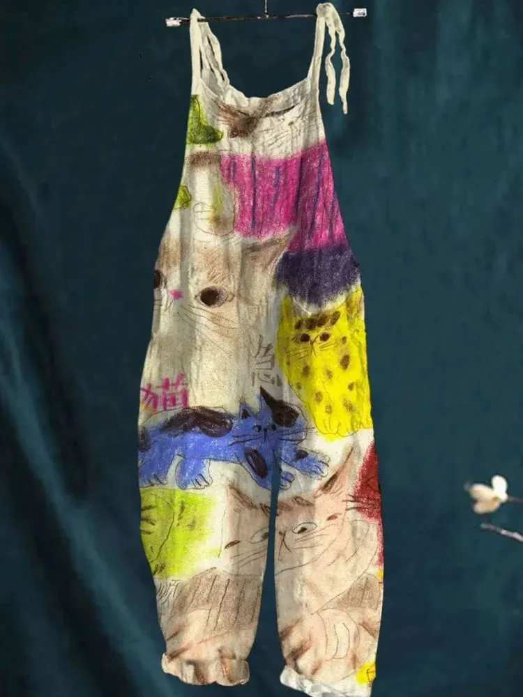 Vintage Lovely Cats Art Print Casual Wide-Leg Jumpsuit