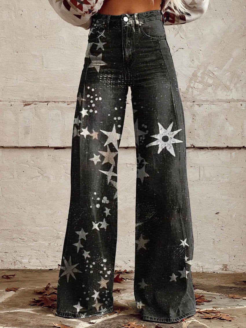 Black Star Print Casual Wide-Leg Pants
