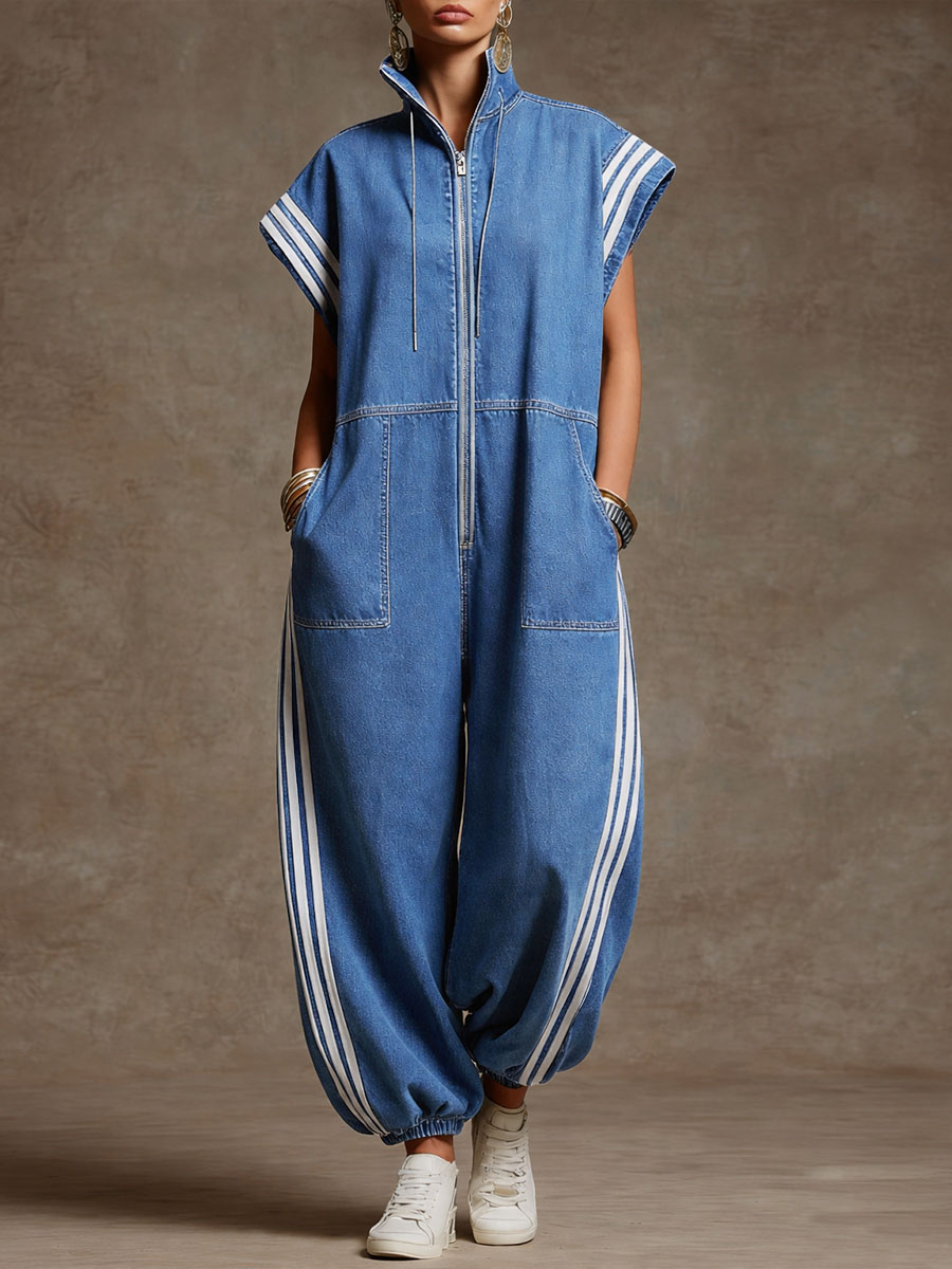 Stand-collar Short-sleeved Casual Loose Denim Wide-leg Jumpsuit